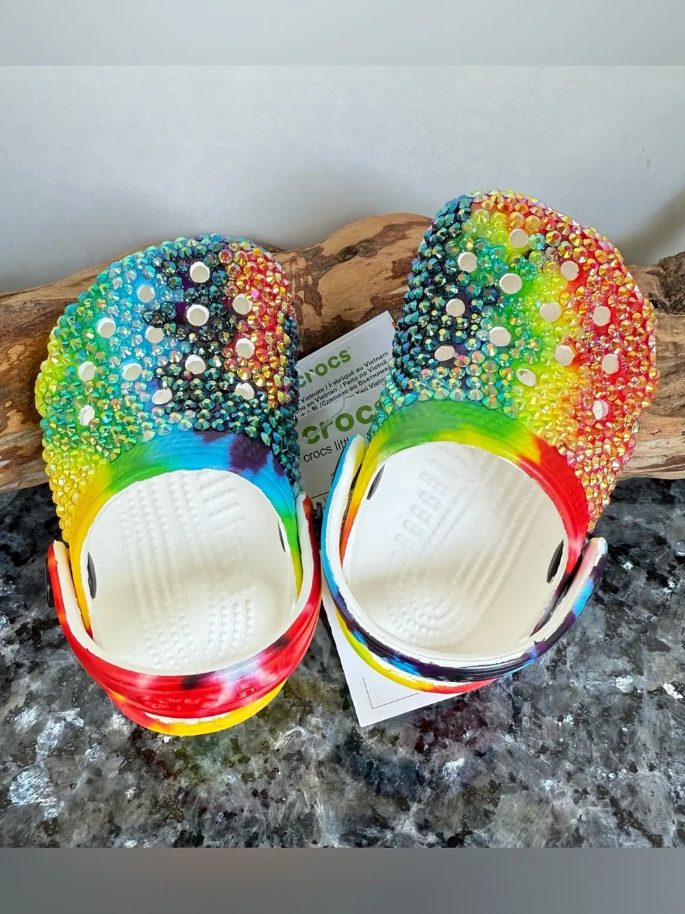 Rainbow Rhinestone Toddler Crocs, Hand placed Bling, size 2/3